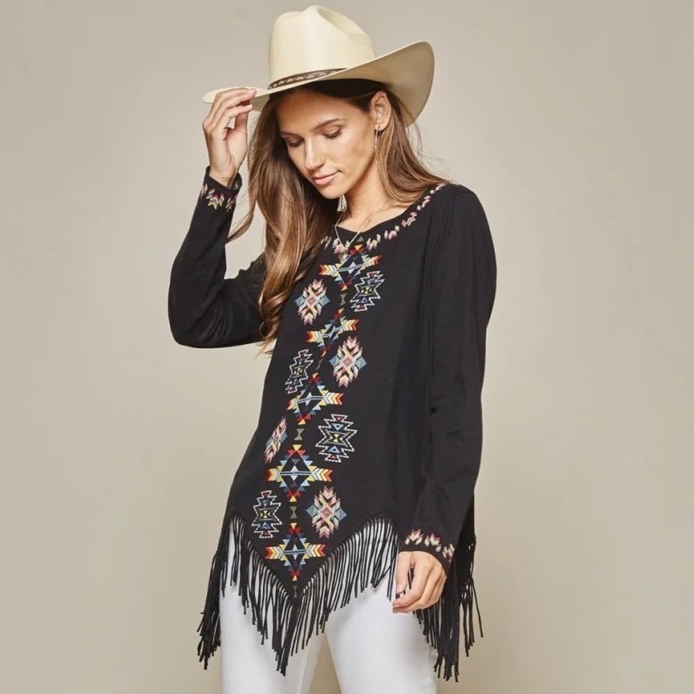 Savanna Jane Womens‎ Small Black Southwestern Embroidered Fringe Hem Top Blouse